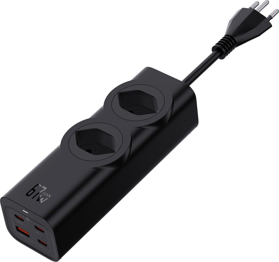 67W GaN Fast Charging Station - 2x T13, Out: USB-C1/ C2/ C3: 67W PD, C1+C2 shared: 45W + C3: 20W, USB-A: 5W, GaN, 1.5m Kabel,schwarz
