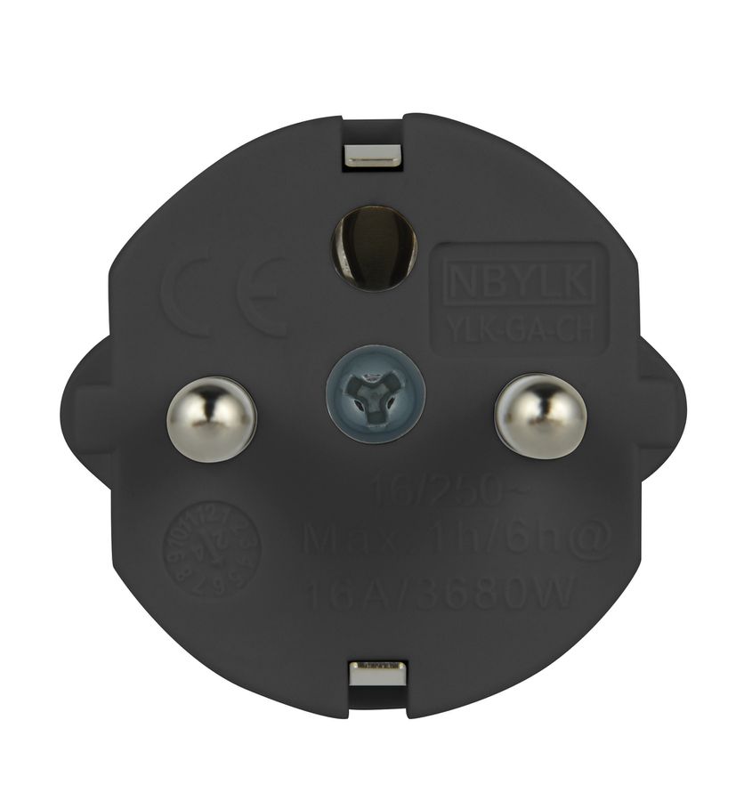 Reiseadapter CH-SchuKo - CH-T23 nach Schuko, 16A, kein Kinderschutz, schwarz