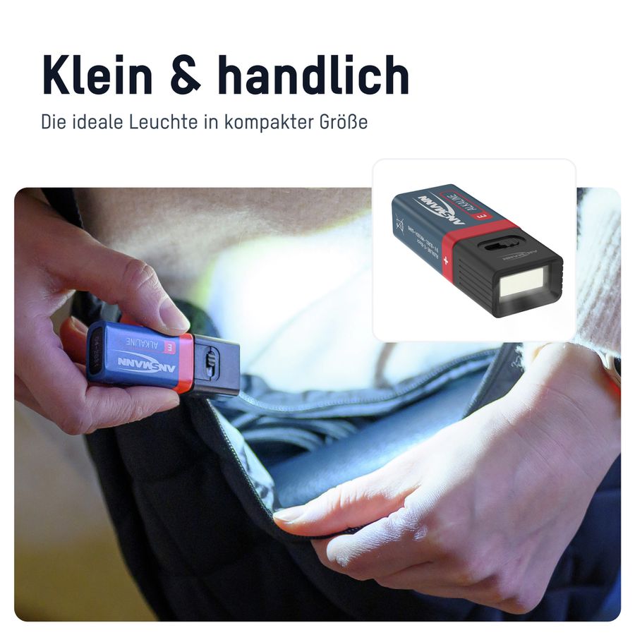 Taschenlampe COB LED-Leuchte mit 9V Batterie - 60lm, IP20, Schwarz