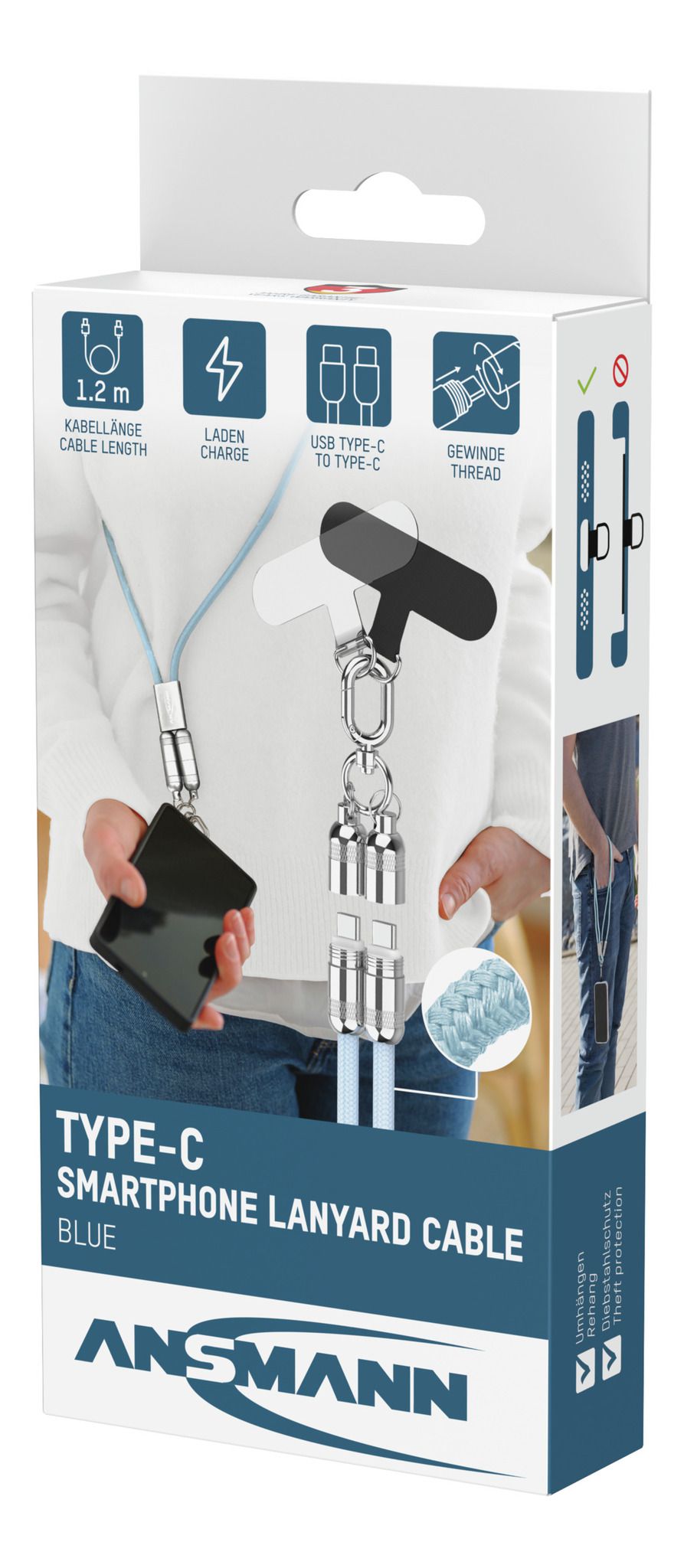Lanyard Kabel USB Typ-C zu USB Typ-C - 120 cm, blau