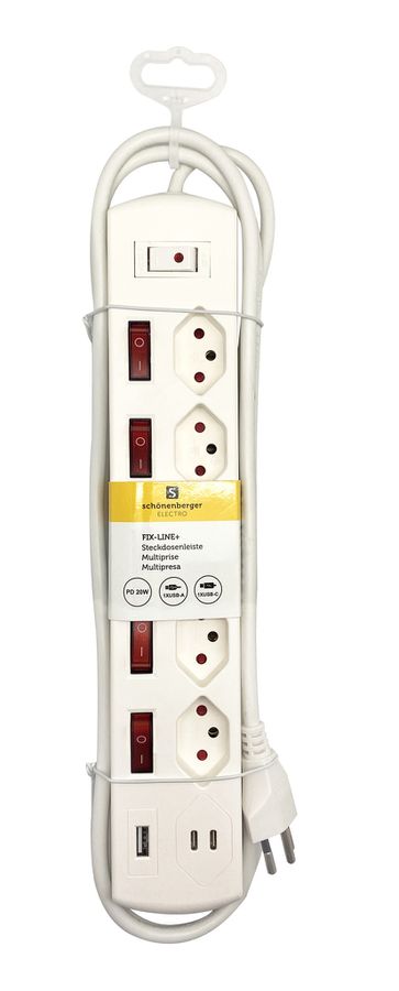 Steckdosenleiste Fix-Line+ MultiSwitch USB AC - 5x T13, 2x USB-C + 1x USB-A PD 20W, 2.0m Kabel, einzeln schaltbar + Hauptschalter, weiss