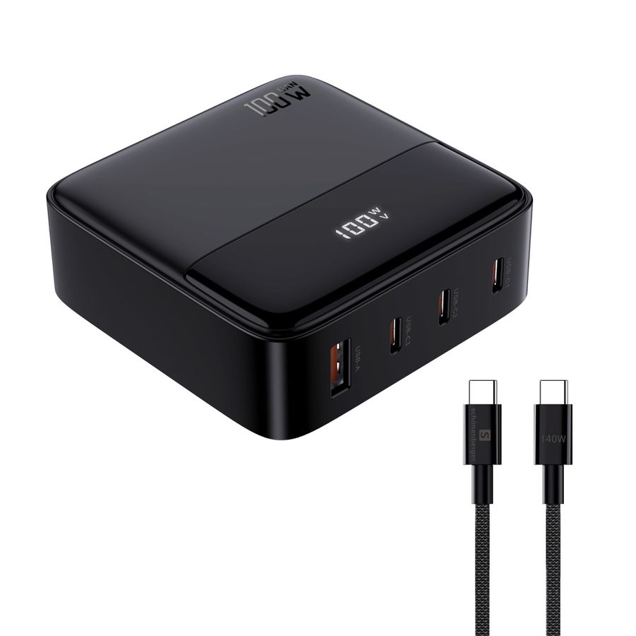 Desktop USB-Charger 100W GaN - Out: USB-C1/ C2/ C3: 100W PD, USB-A: 60W, shared Max. 95W, inkl. 1.0m 140W USB-C to C Kabel, schwarz
