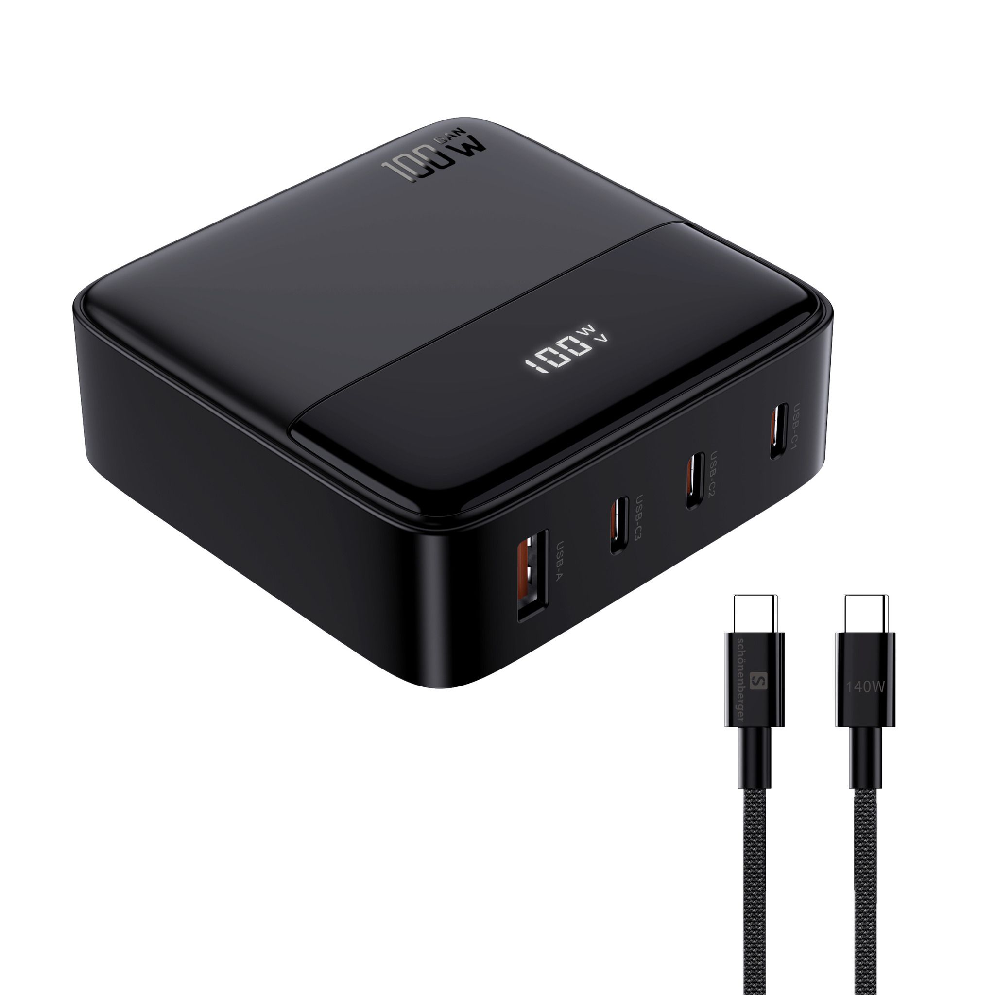 Desktop USB-Charger 100W GaN - Out: USB-C1/ C2/ C3: 100W PD, USB-A: 60W, shared Max. 95W, inkl. 1.0m 140W USB-C to C Kabel, schwarz