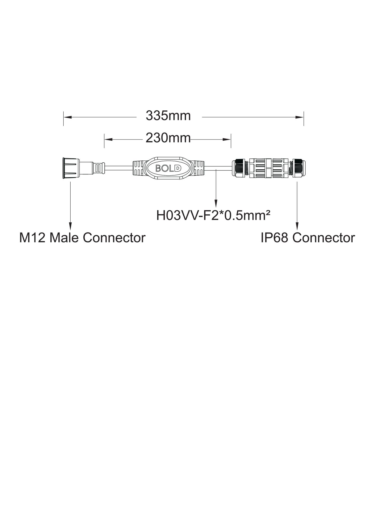 Playlight 24V Leuchtenverbinder Extern M12 - M12-Stecker + 20cm H03VVF