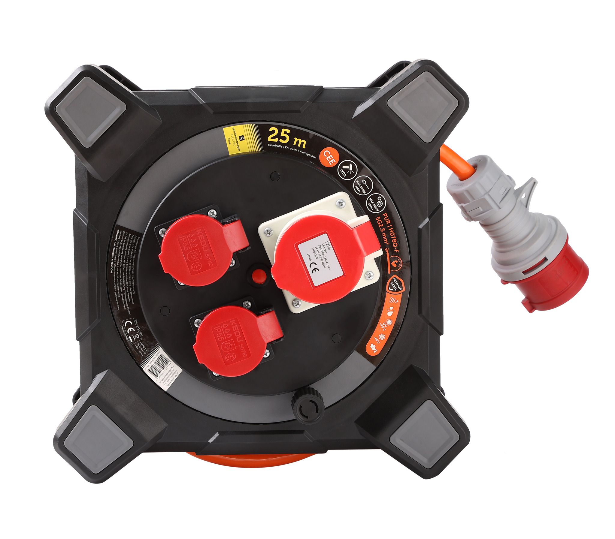 Kabelbox Kunststoff CEE 5P 16A IP44 25m - EPR-PUR H07BQ-F 5G2.5mm2 1xCEE16/5 2xT25 Steckdosen