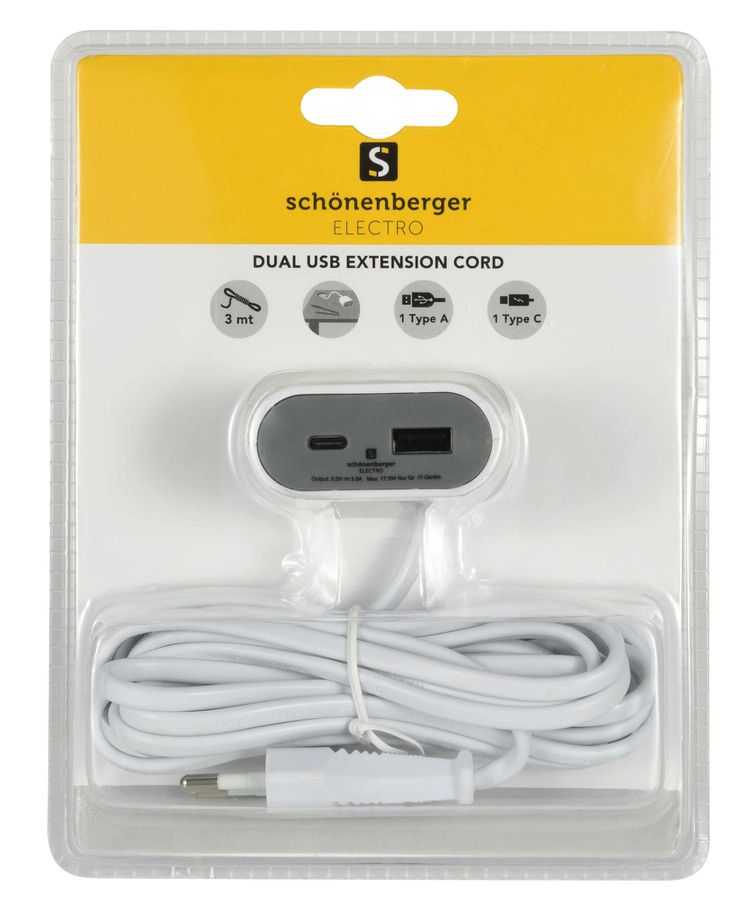 Dual USB Verlängerung USB-C+A - 1x USB-C - 1x USB-A, Total max. 3.5A / 17.5W, Eurostecker T11, 3m Kabel, weiss/grau