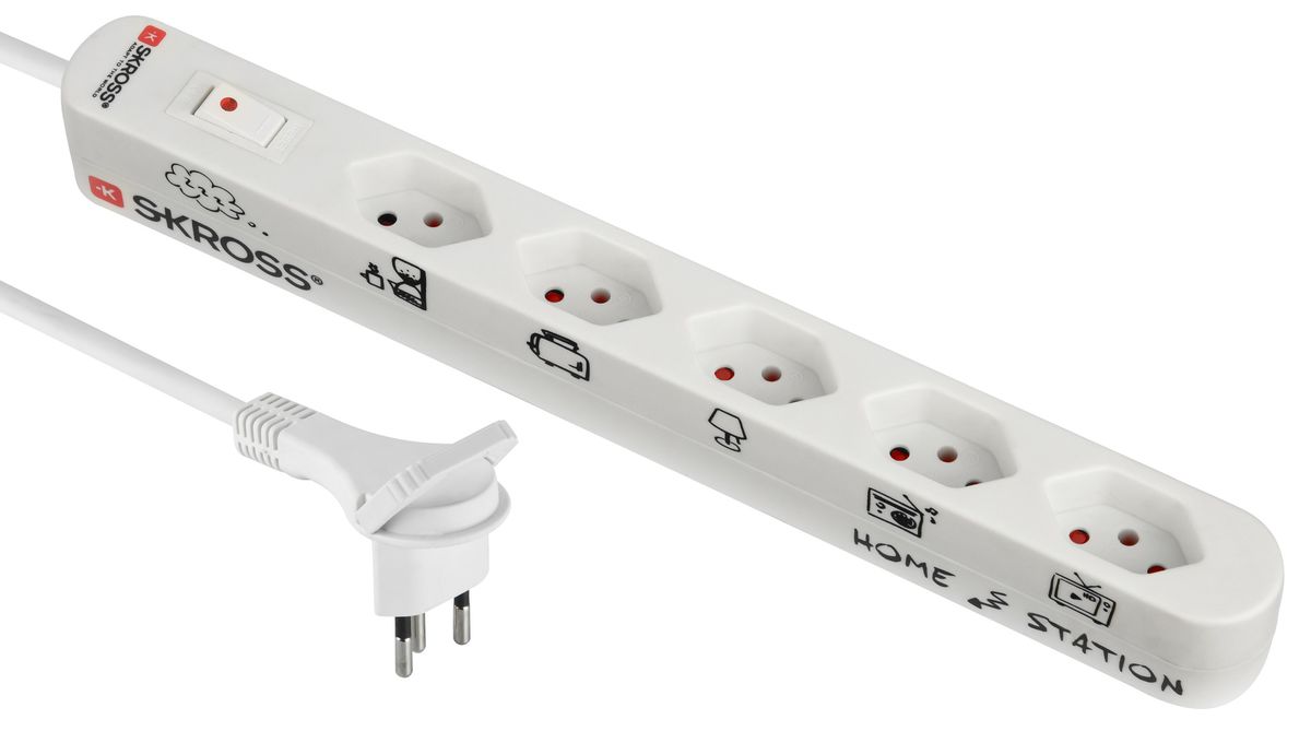 SKROSS Home Station 5xT13 - 5x Typ 13, Flachstecker Typ 12 mit Lasche, 1.5m Kabel, inkl. Überlast-Schalter