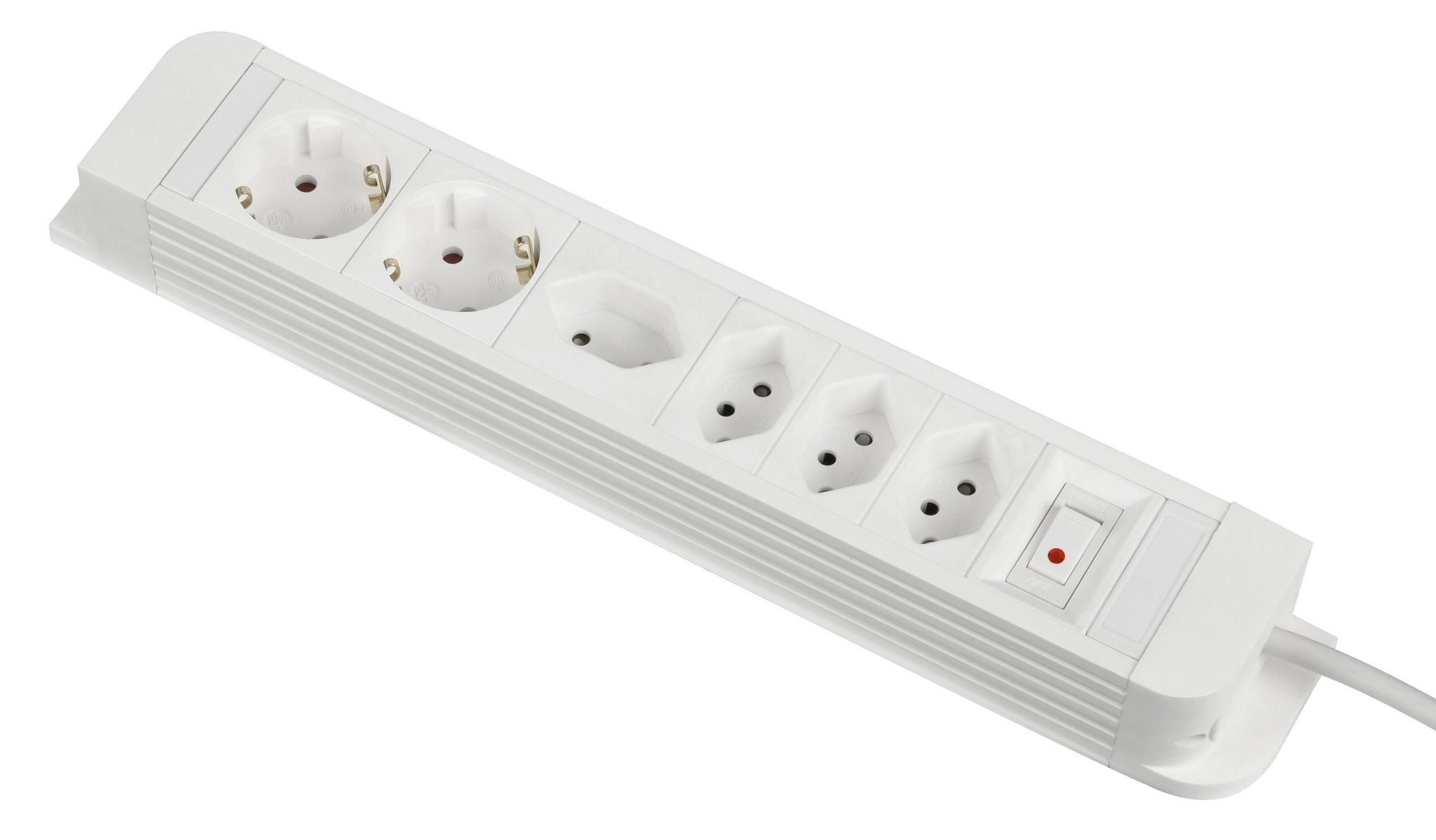 Combo Mulitprise - Kombiniert = 4x CH-T13 / 2x SchuKo - Steckdosen, Stecker T12, 1.5m Kabel H05VV-F 3G1mm2., KS, weiss