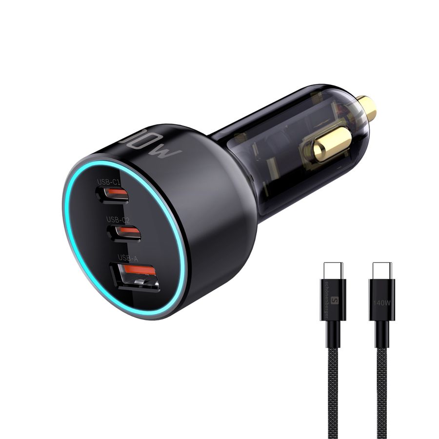 Car Charger 100W 3-Port - Out: C1: 100W PD, C2: 30W, A: 30W inkl. 1.0m 140W USB-C to C Kabel, schwarz