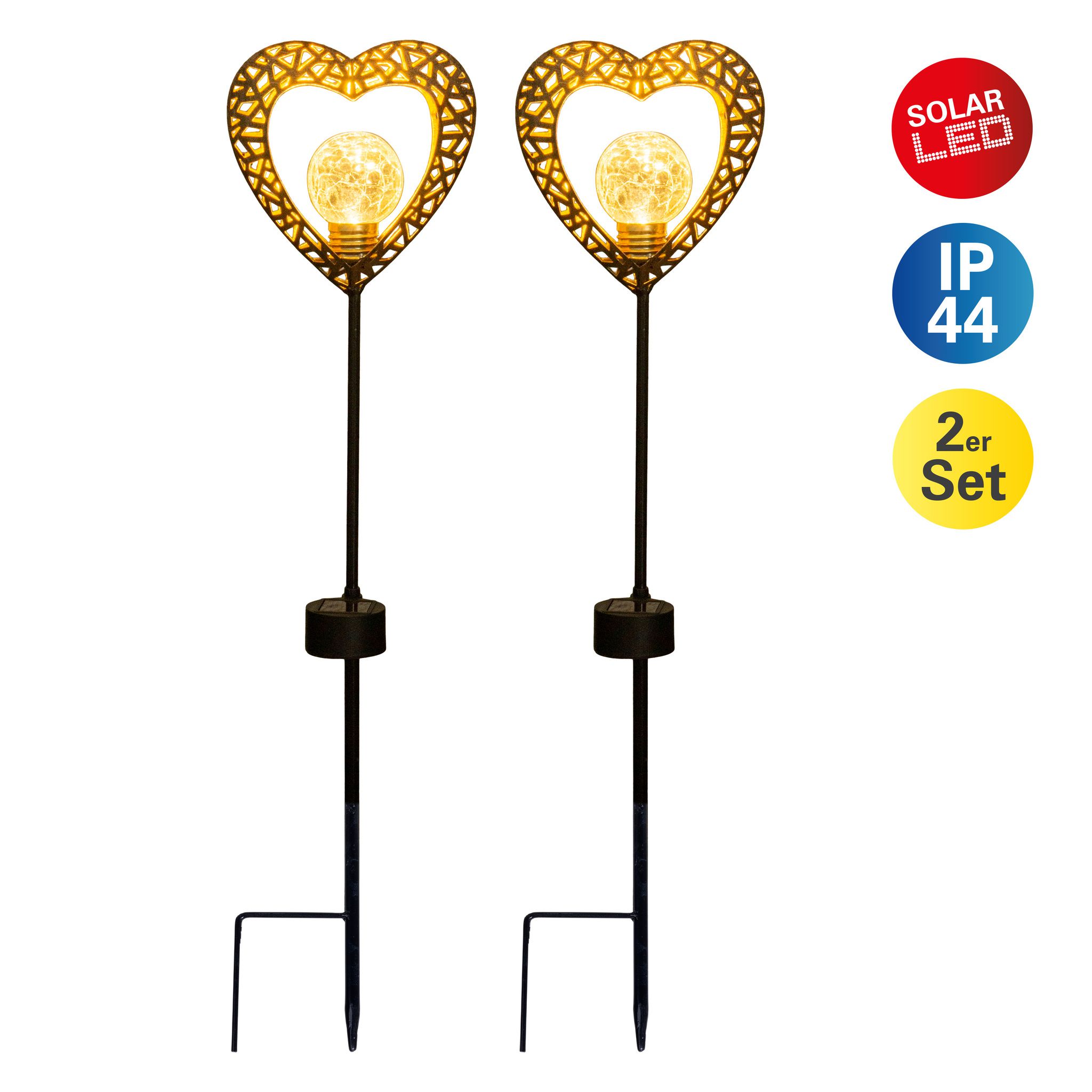 2er-Set LED-Solarleuchte HERZ mit Erdspieß H: 59 cm - IP44, 0.06W, Warmweiss
