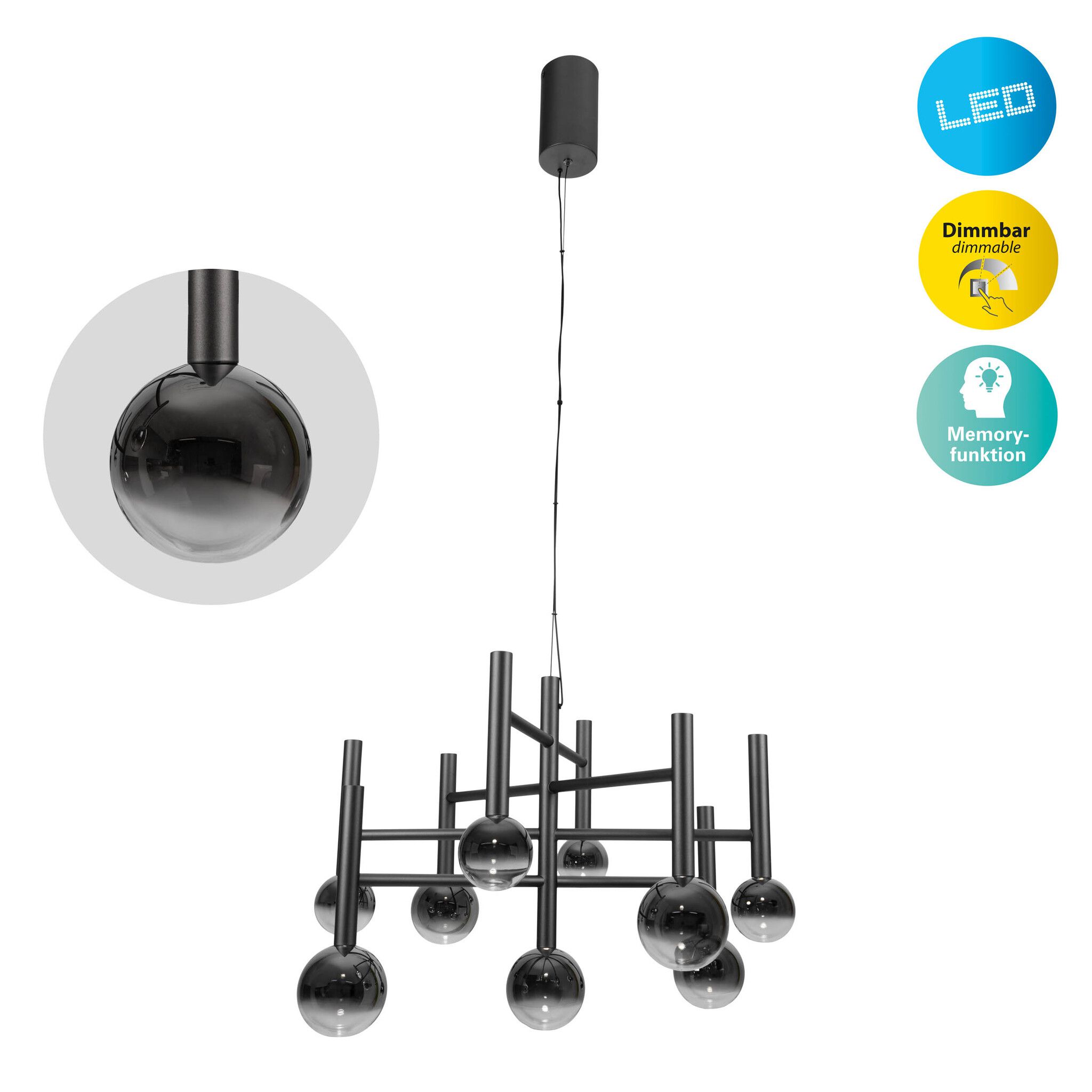 9er LED Pendelleuchte  SINGAPUR : 65cm schwarz - IP20, LED-Modul, Schwarz