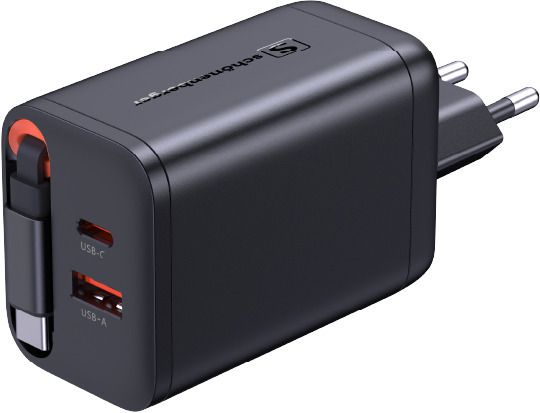 67W GaN 2-Port Fast Charger integr. USB-C Cable - Out: USB-C / USB-A: 67W PD, integriertes 70cm USB-C Kabel, schwarz
