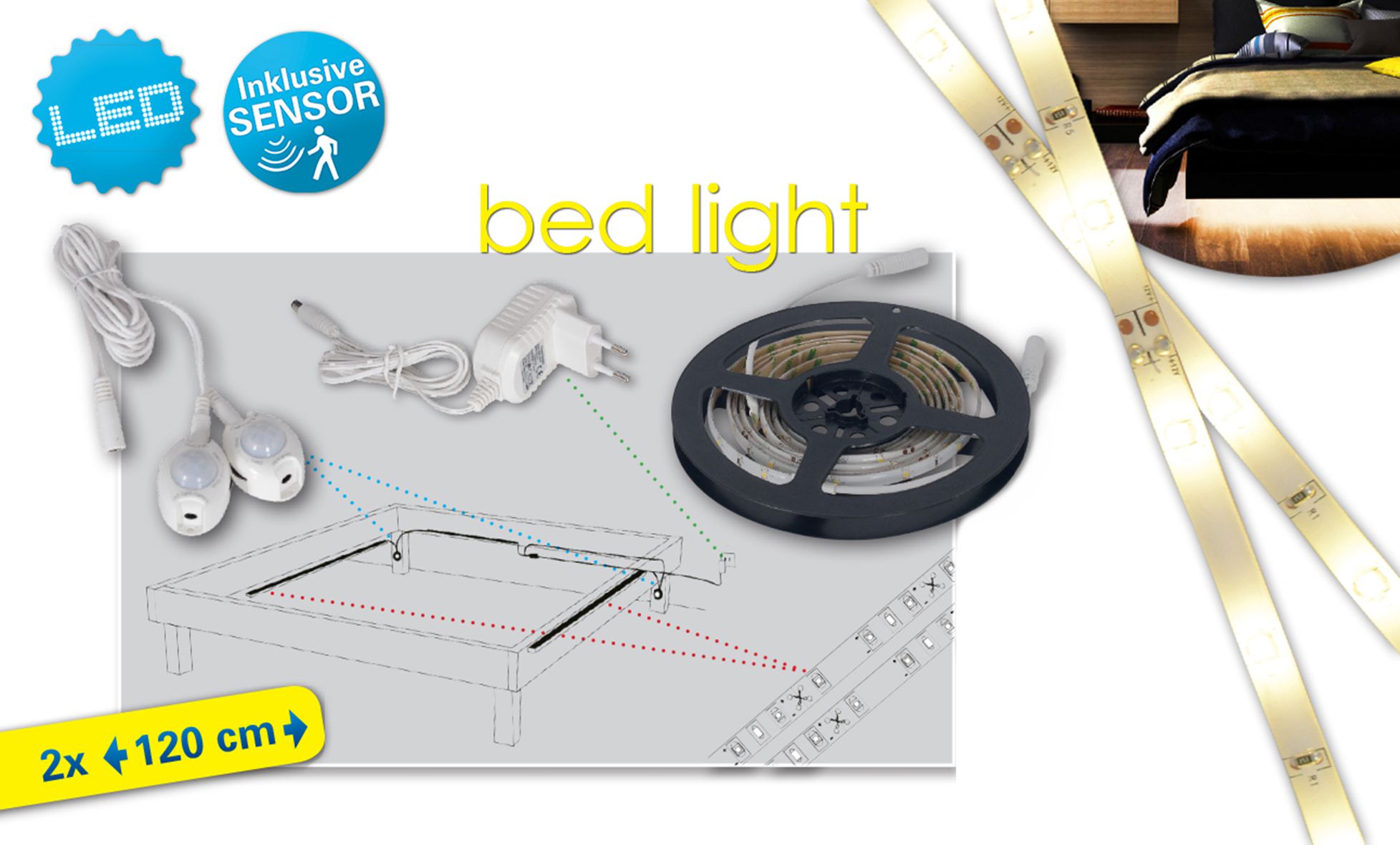 LED Bettlicht Stripe indoor - IP20, kaltweiss, 240cm Länge