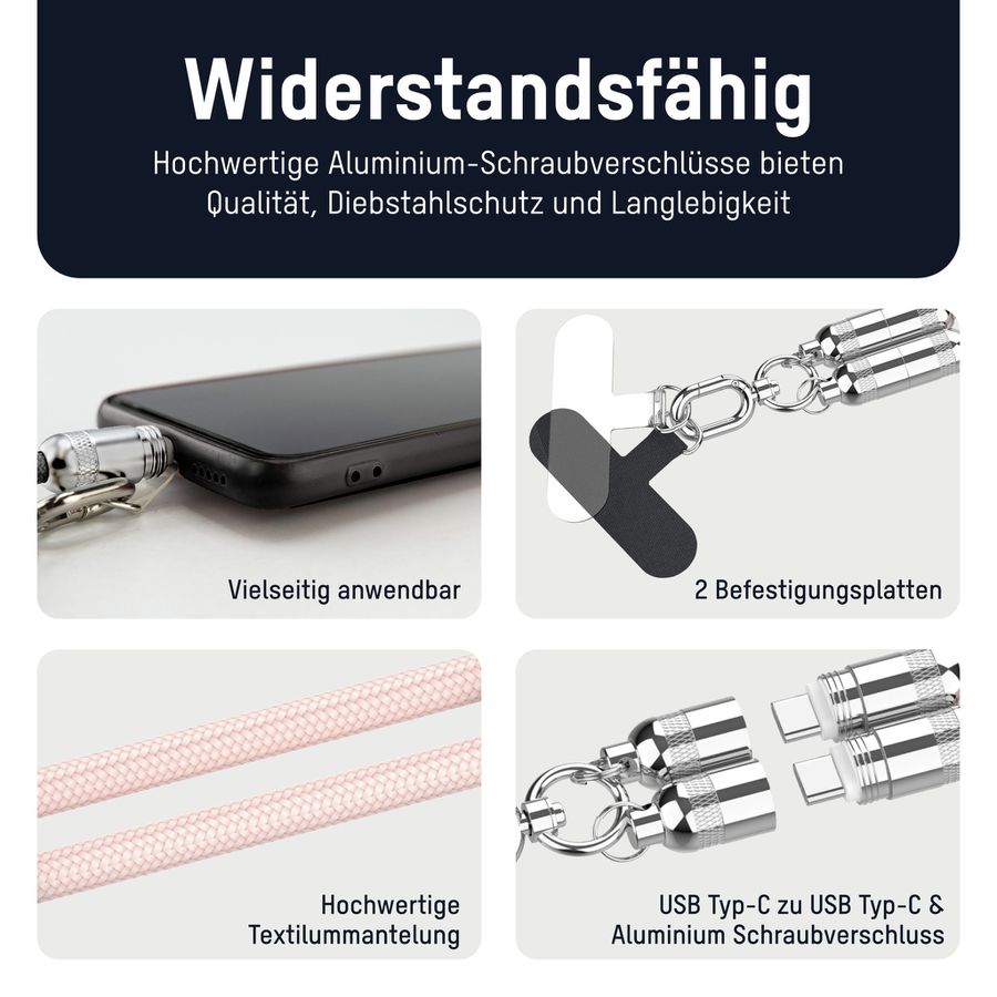 Lanyard Kabel USB Typ-C zu USB Typ-C - 120 cm, rose