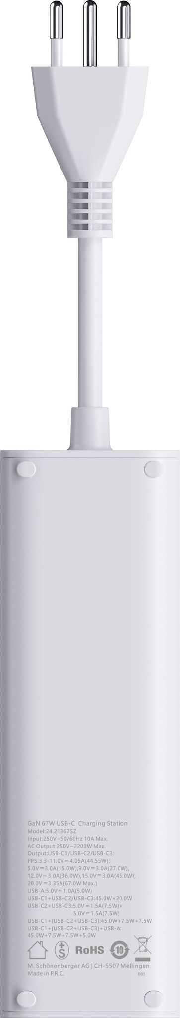 67W GaN Fast Charging Station - 2x T13, Out: USB-C1/ C2/ C3: 67W PD, C1+C2 shared: 45W + C3: 20W, USB-A: 5W, GaN, 1.5m Kabel, weiss