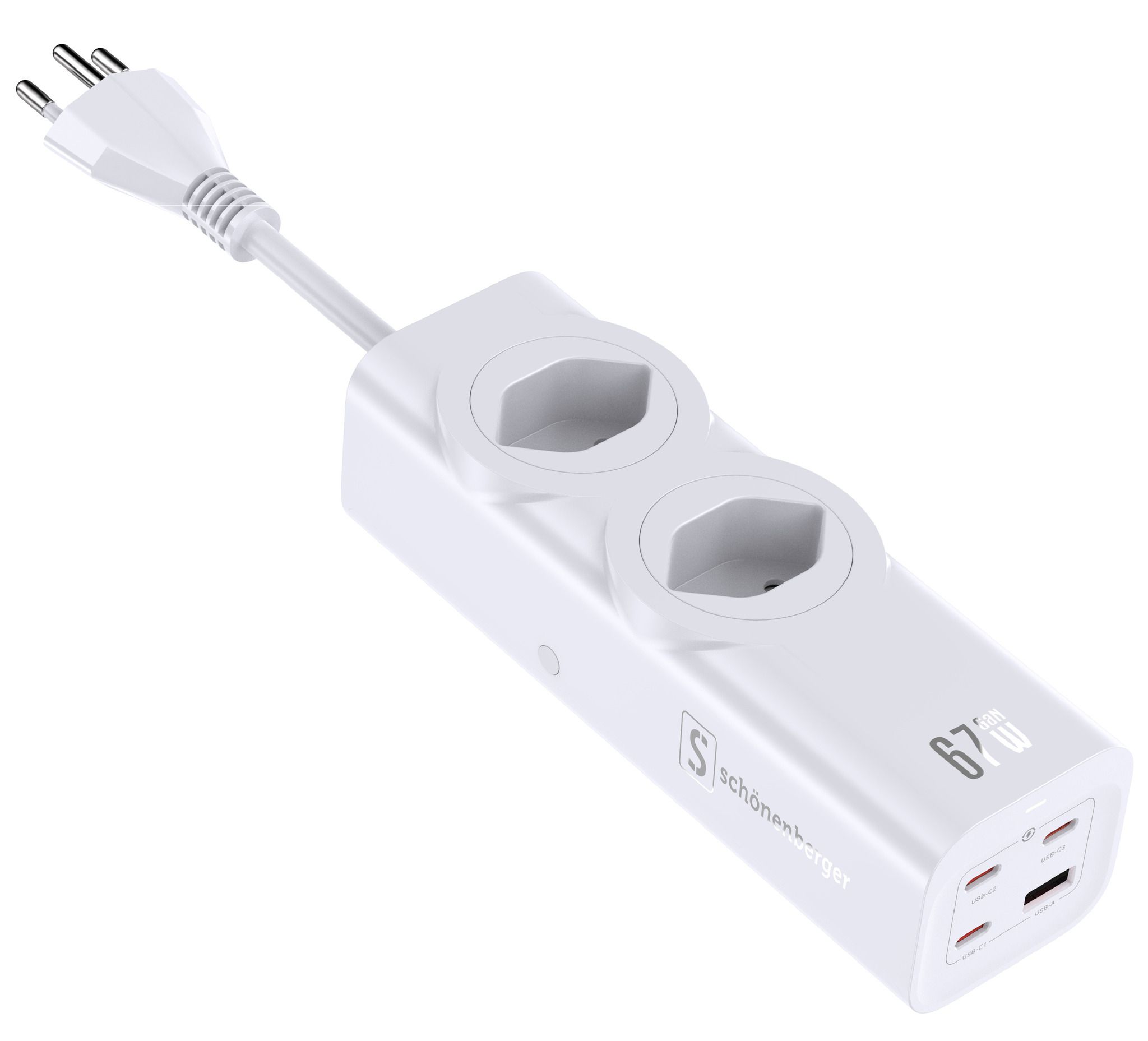 67W GaN Fast Charging Station - 2x T13, Out: USB-C1/ C2/ C3: 67W PD, C1+C2 shared: 45W + C3: 20W, USB-A: 5W, GaN, 2m Kabel, weiss