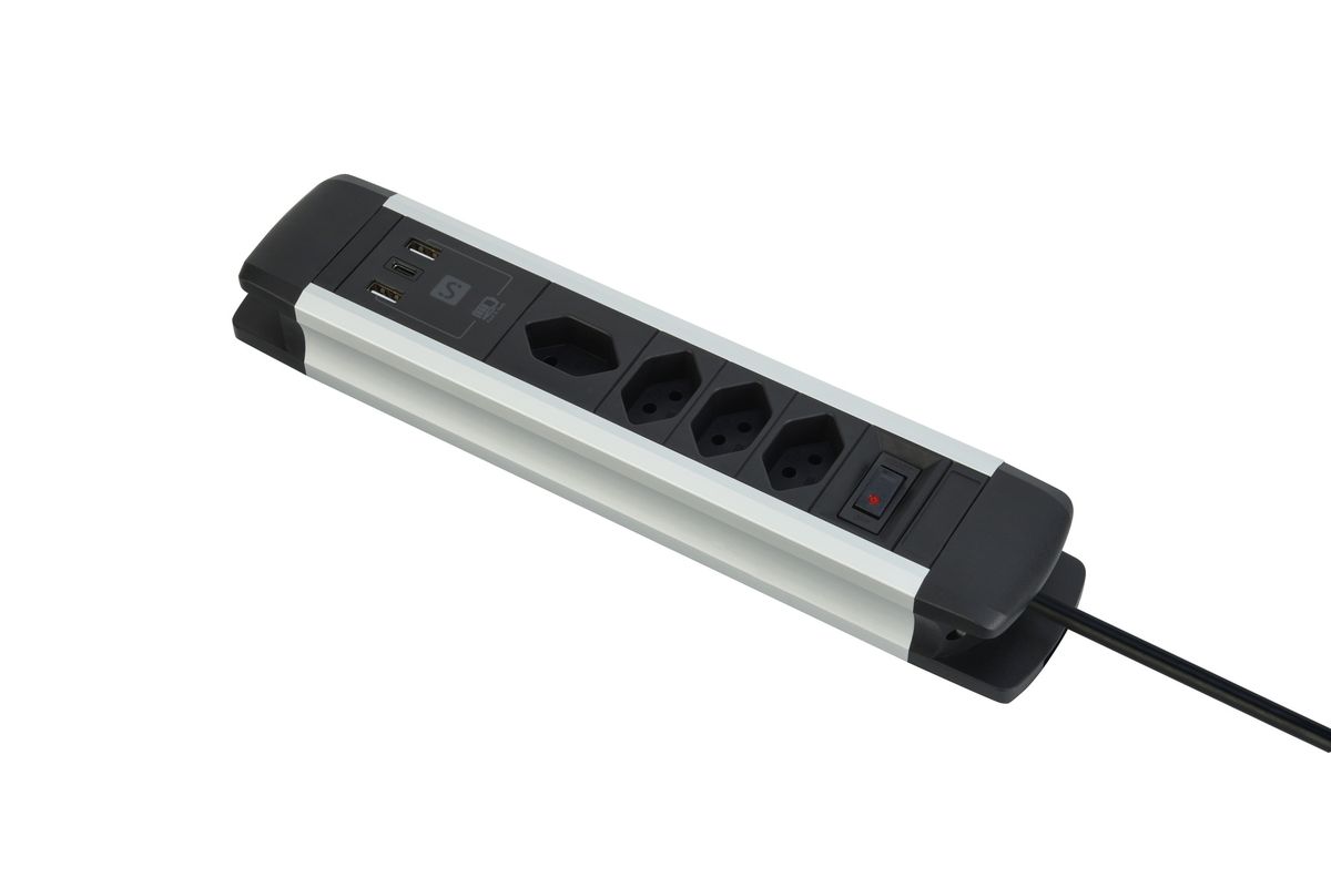 Aluminium Mutliprise - 4xT13, 1x USB-C 2x USB-A max. 3.4A - PD 20.0W, 2.0m Zuleitung, Stecker T12