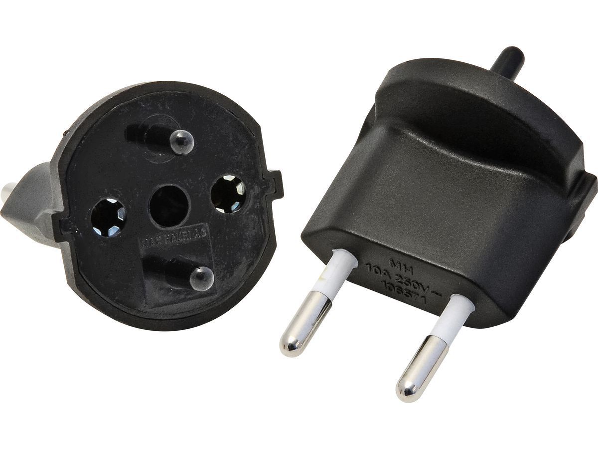 Fix-Adapter SchuKo-CH 2-polig - Schuko nach Schweiz T11 / 2-Polig, schwarz, 250V / 10A, 60x45x45mm / 26g, nicht wieder demontierbar