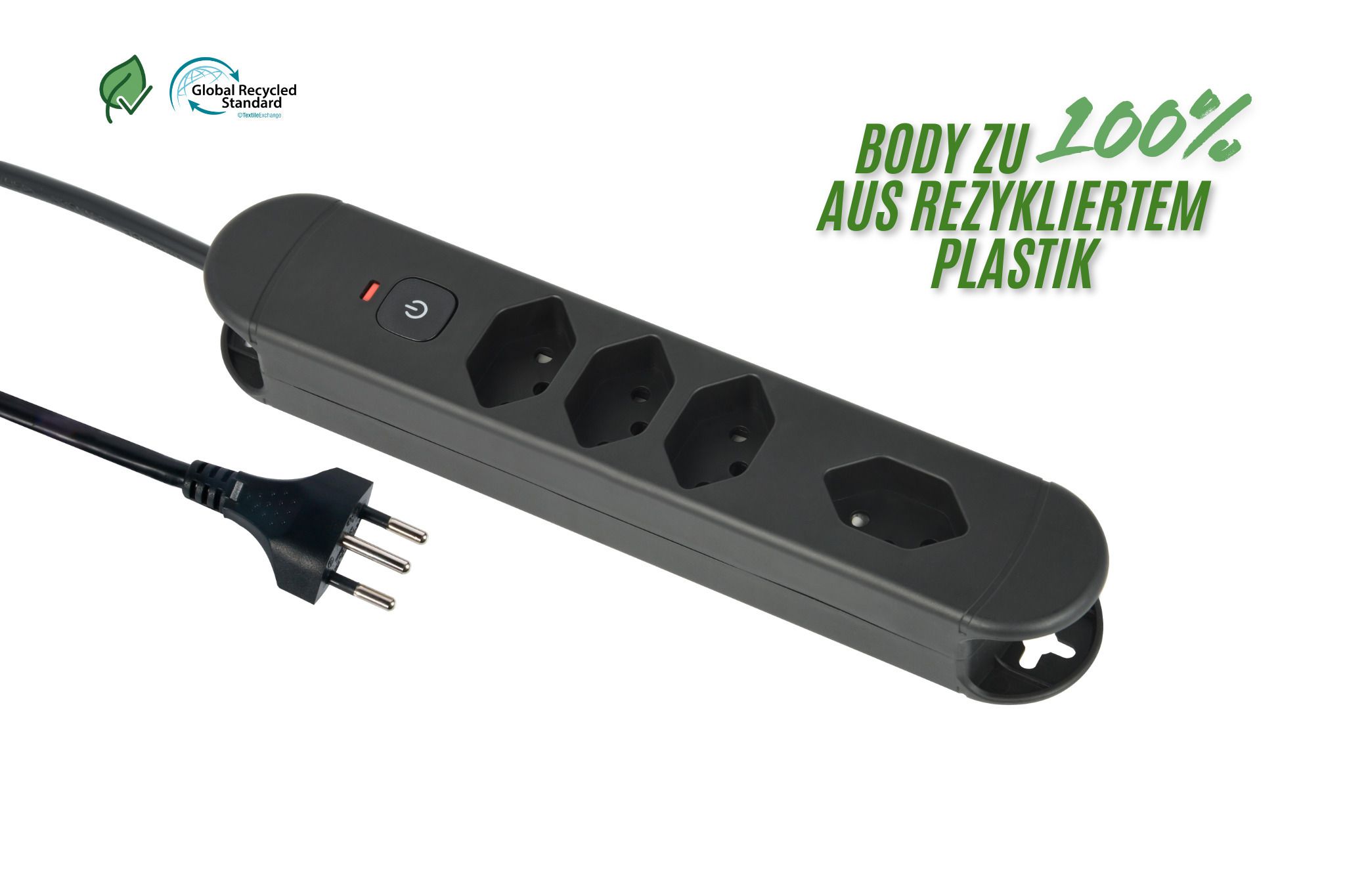 Steckdosenleiste Re:Life - 4x T13., 1.8m Kabel, schwarz