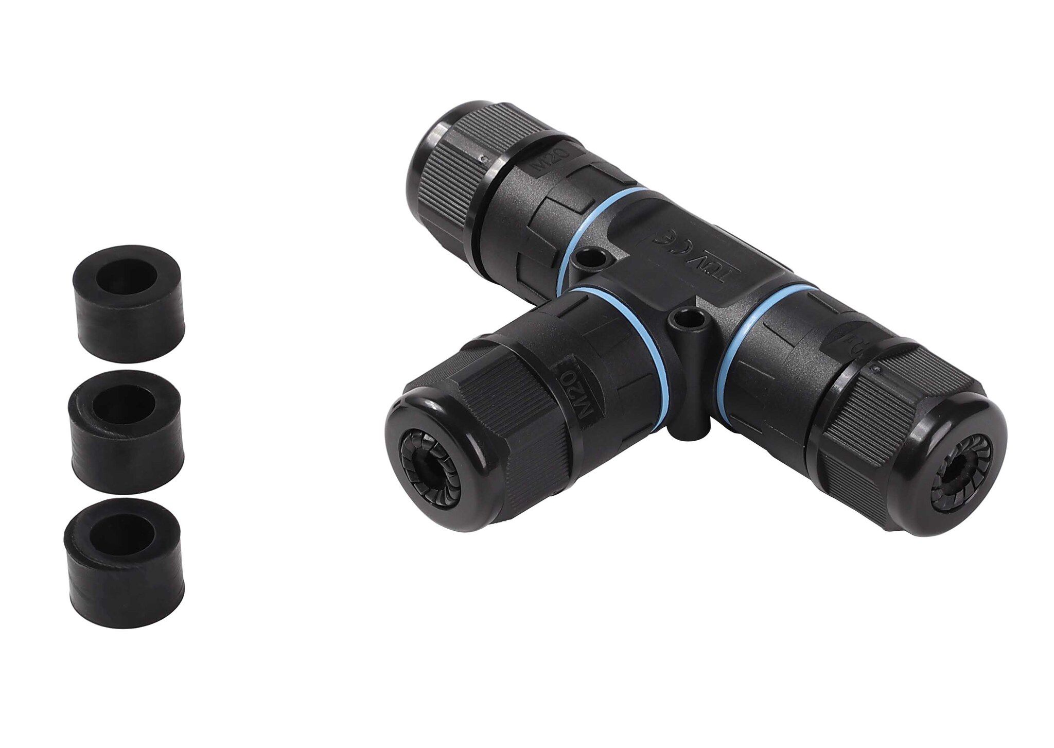 T-Schnellanschlussklemme - IP68, ohne Schrauben, 3P, Leiterquers. 0.5–2.5mm², KabelØ 5-9mm und 9-12mm, 450V/24A, M20