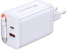 67W GaN 2-Port Fast Charger integr. USB-C Cable - Out: USB-C / USB-A: 67W PD, integriertes 70cm USB-C Kabel, weiss
