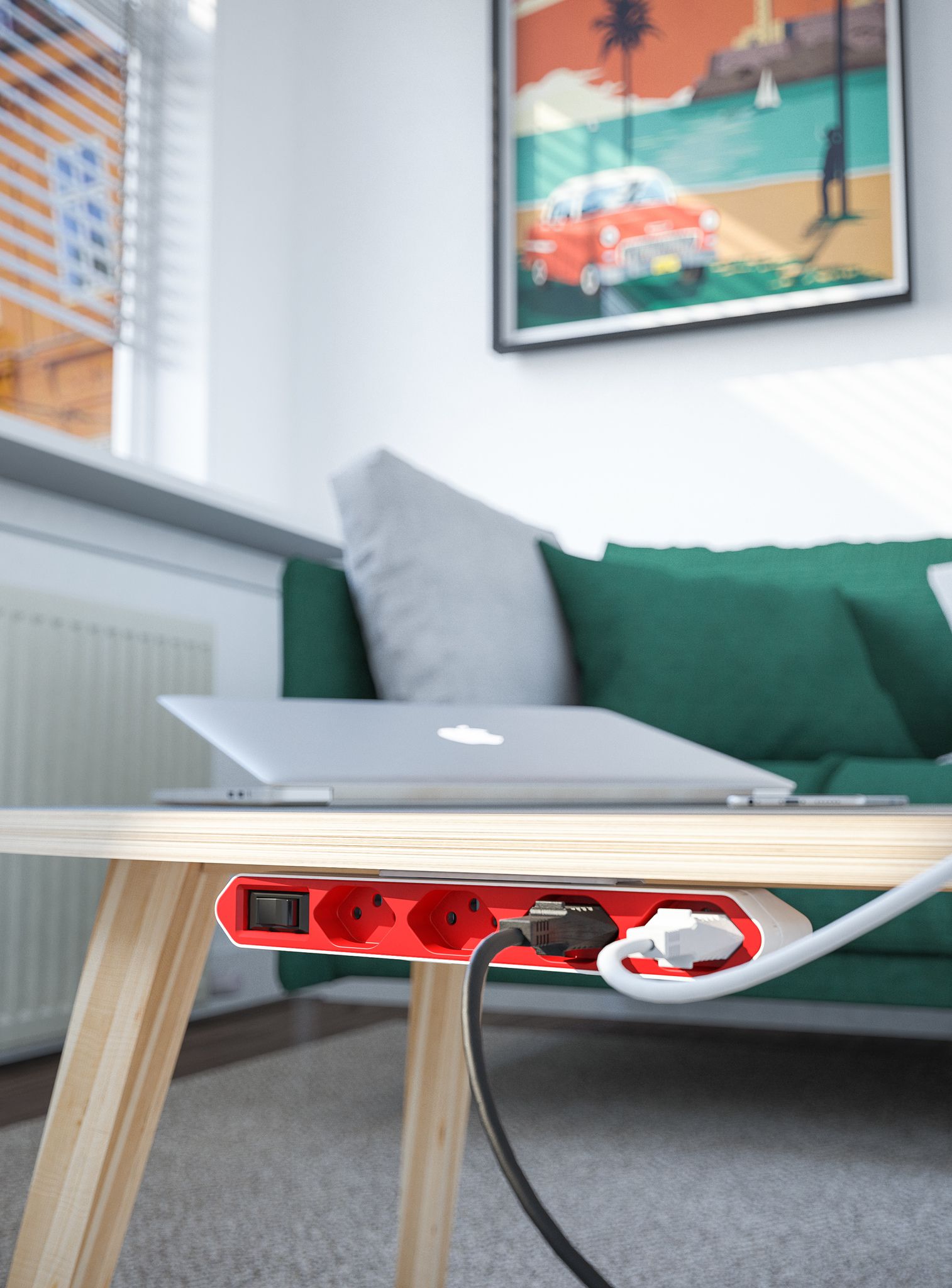 Powerbar Steckdosenleiste quer 4xT13 - mit Schalter, 1.5m Kabel, 27mm flach, inkl. Halterung, rot