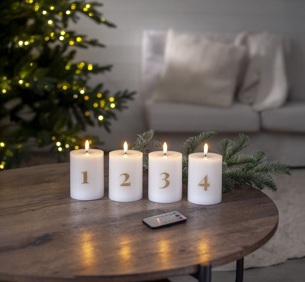 LED Pillar Kerze 4 pack Flamme Advent - Indoor, Weiss, 12.50 cm Höhe, Timerfunktion
