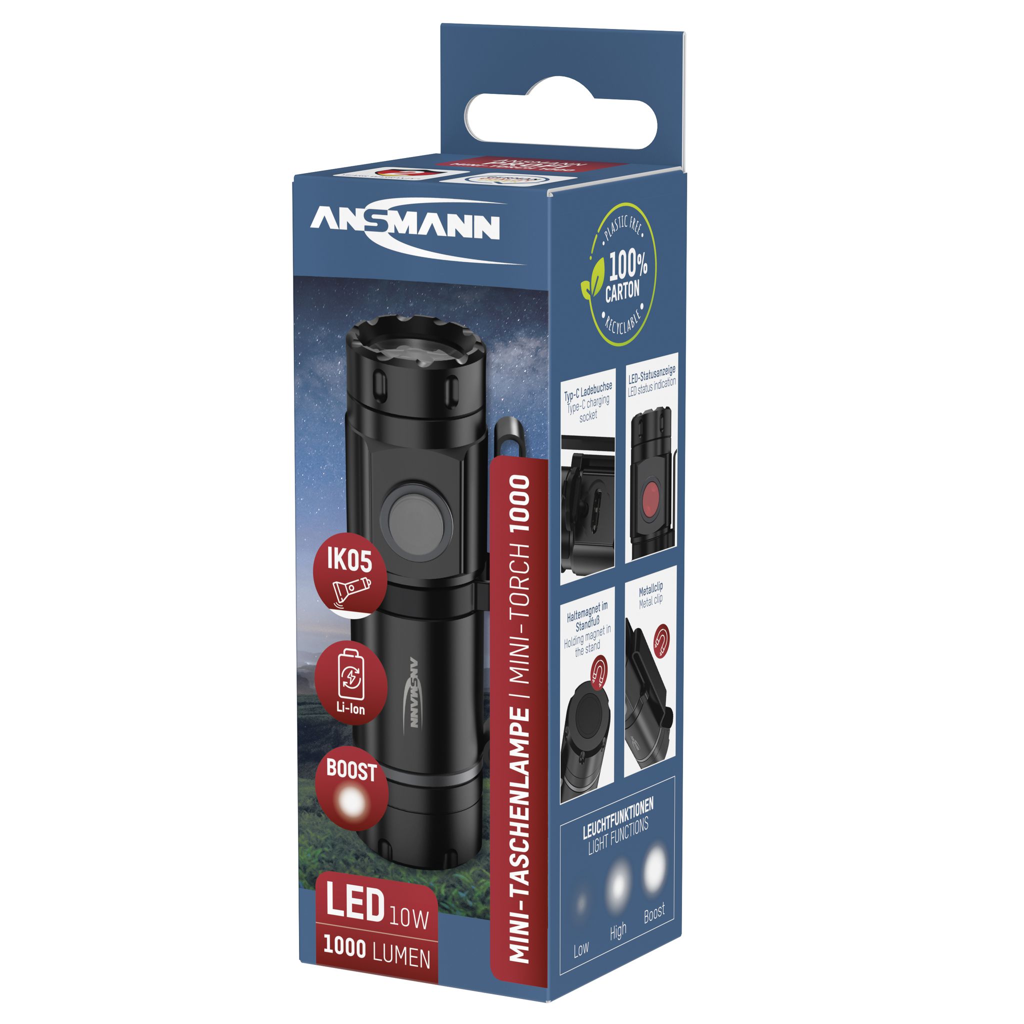 Akku-Taschenlampe 1000 - 1000lm, 7000 - 9000K,4 h Leuchtdauer