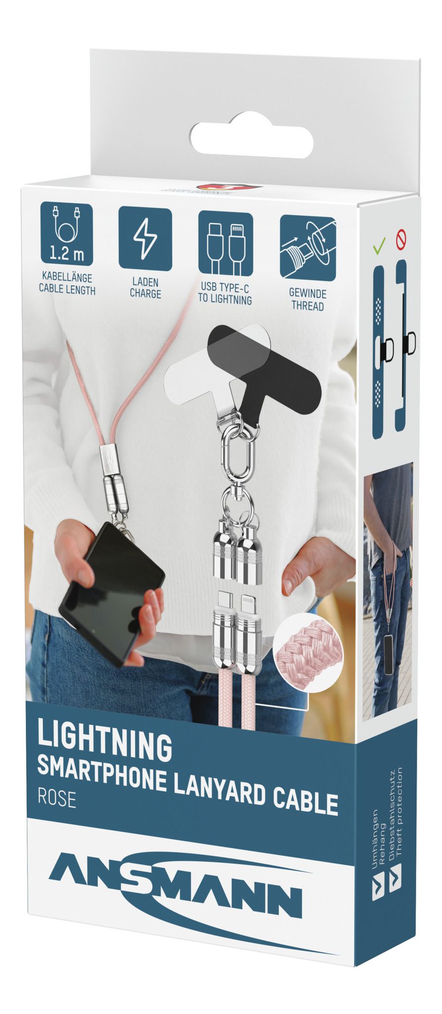 Lanyard Kabel USB Typ-C zu Lightning - 120 cm, rose