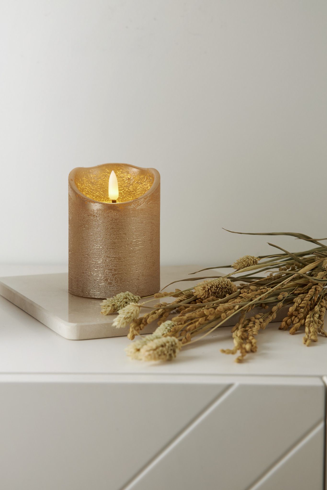 LED Pillar Kerze Flamme Rustic - Indoor, Gold, 10.00 cm Höhe,  Timerfunktion