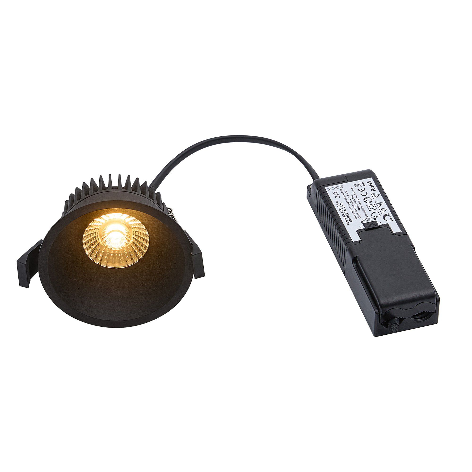LED Einbaudownlight ALBRIC - 8W, 535lm, 2700K, IP44, CRI 90, schwarz, dimmbar, D=90mm, H=49mm, BL=83mm