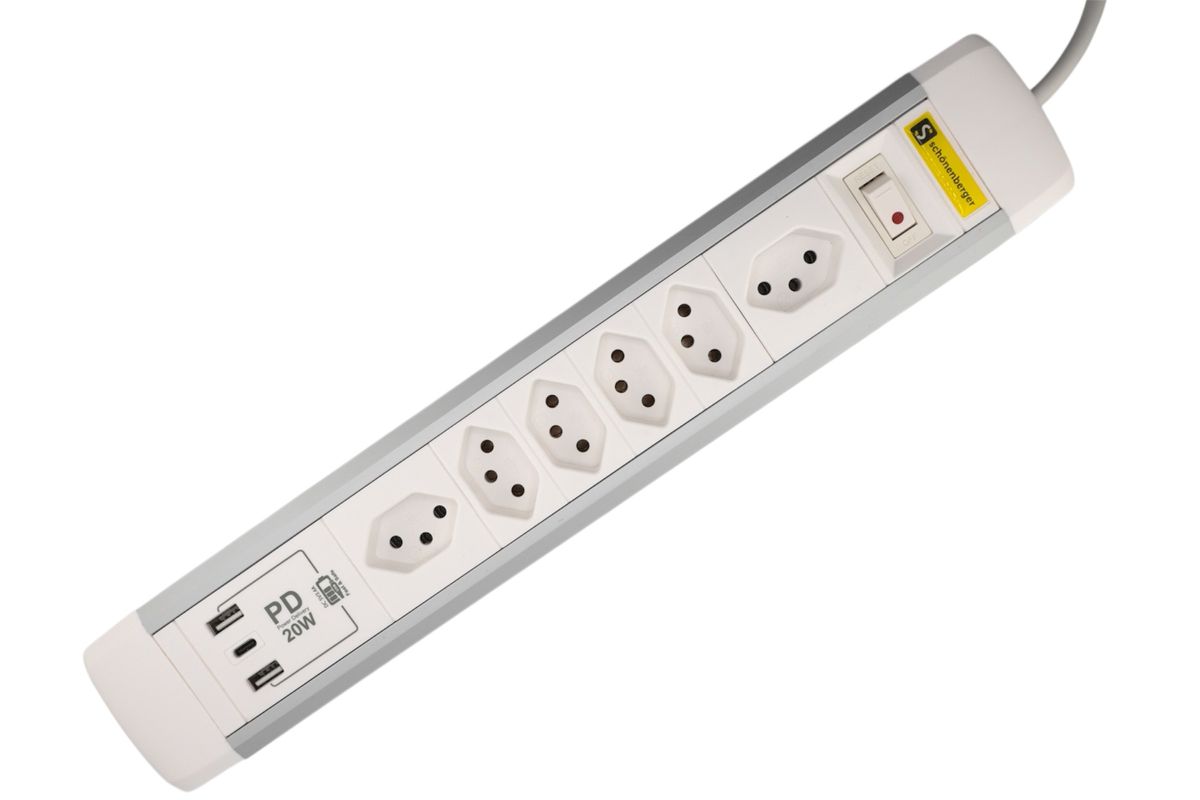 ALU Steckdosenleiste USB-C - 6xT13, 1x USB-C + 2x USB-A max. 3.4A - PD 20W, 2.0m Zuleitung, Stecker T12, Aluminium/weiss