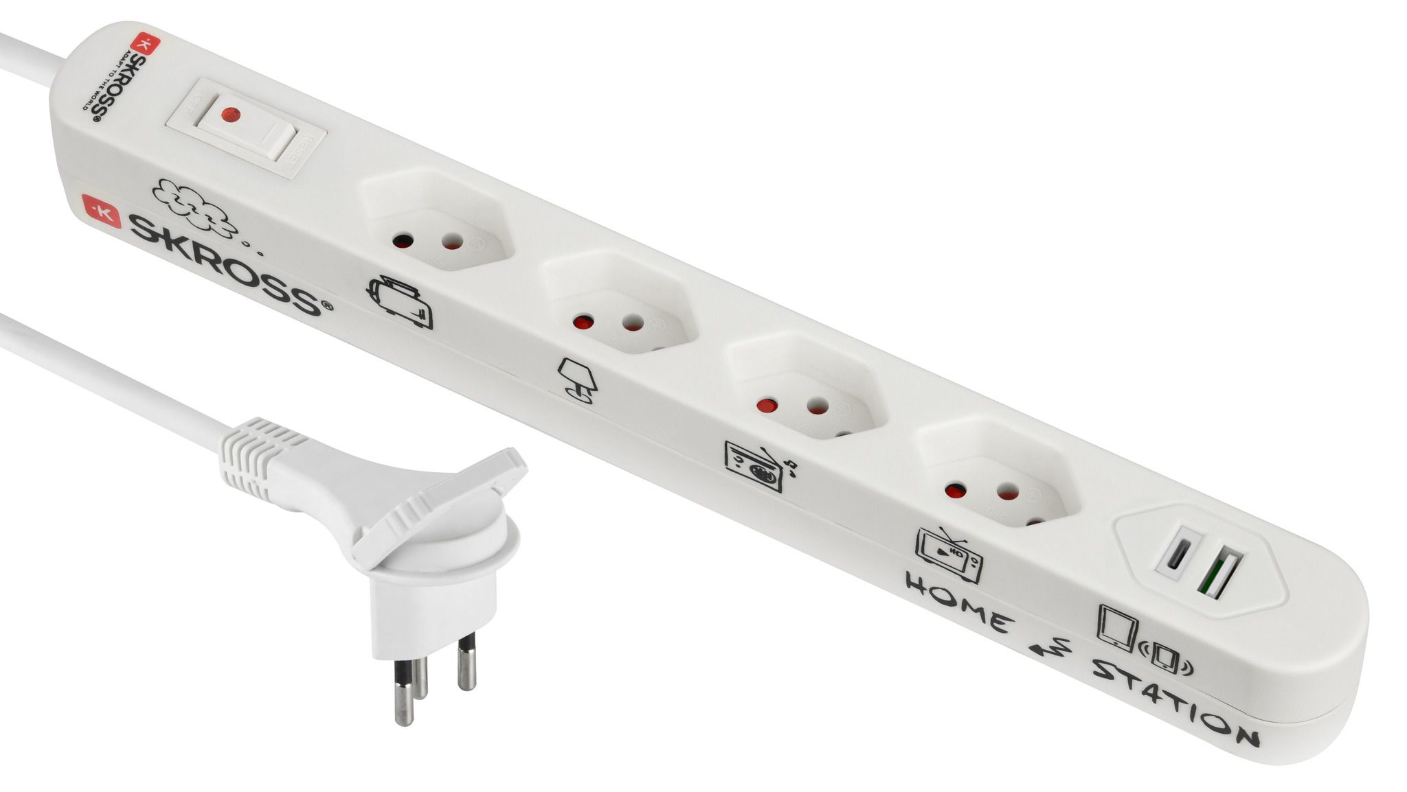 SKROSS Home Station USB-C - 1x USB-C + 1x USB-A max. 3.4A, 4xT13, Flachstecker T12 mit Lasche, 1.5m Kabel, weiss