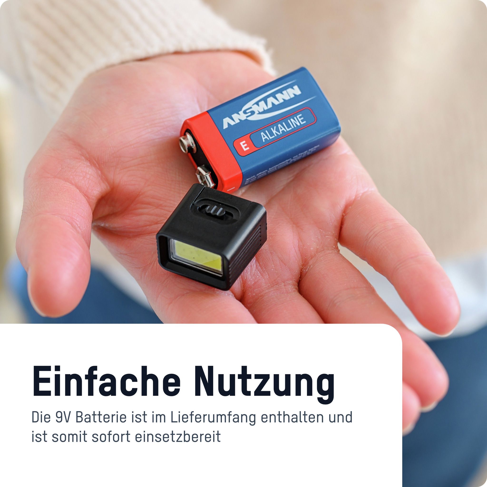 Taschenlampe COB LED-Leuchte mit 9V Batterie - 60lm, IP20, Schwarz