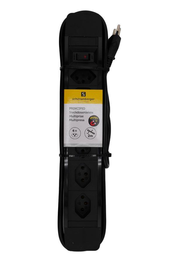 Steckdosenleiste PRINCIPIO 3xH/3xV Magnet - 6x T13 (3x horizontal / 3x vertikal), 2.0m Kabellänge, Schalter, schwarz