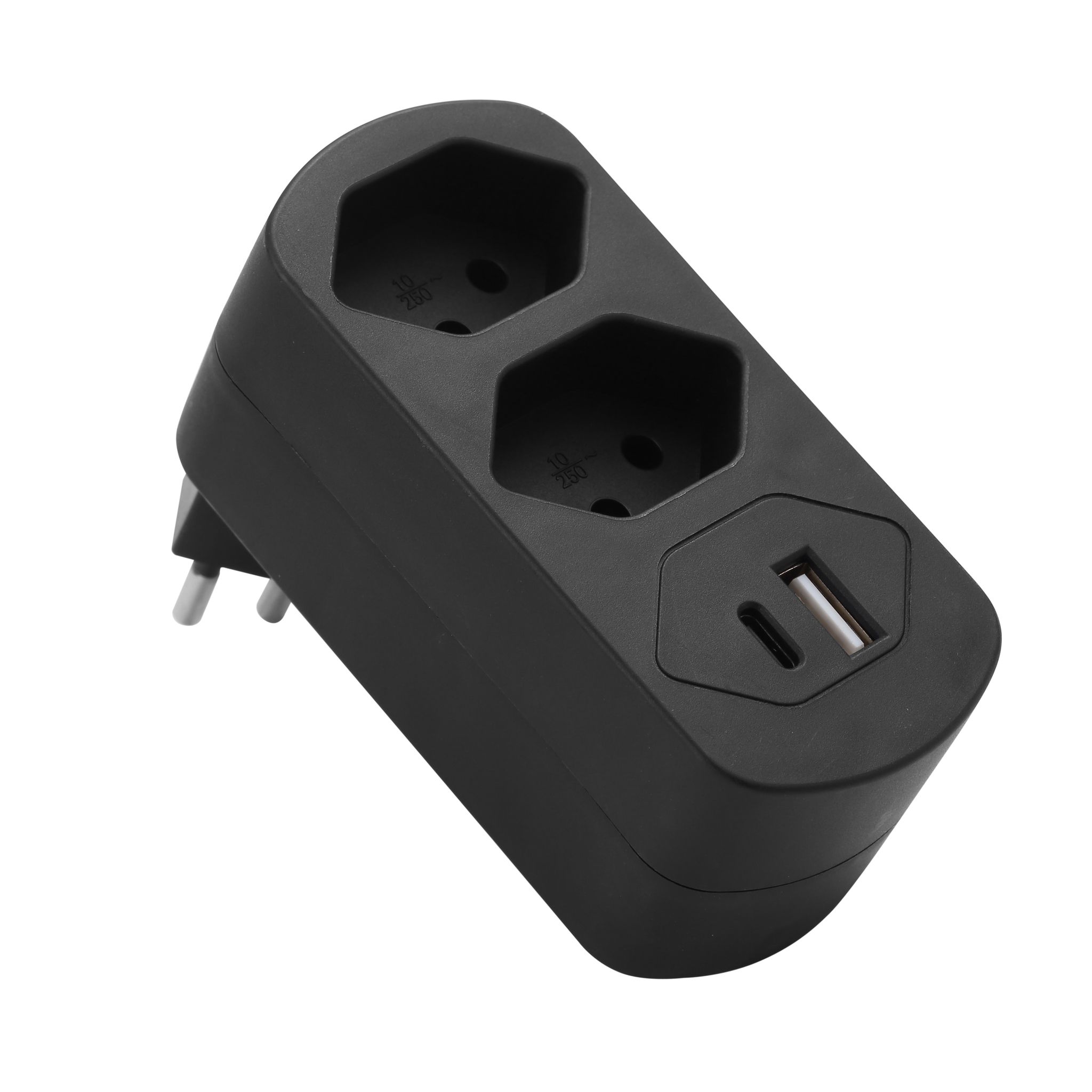 Abzweigstecker MOVE 2xT13 schwarz - 270° drehbar mit USB PD30W schwarz (offen)