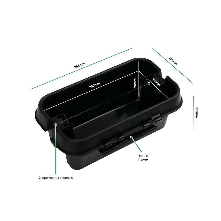 Spruzzatura die cavi, piccolo - Kunststoff, schwarz, IP55, 2x Kabeleinführung  mit Zugentlastung, L=200mm, B=90mm, H=90mm