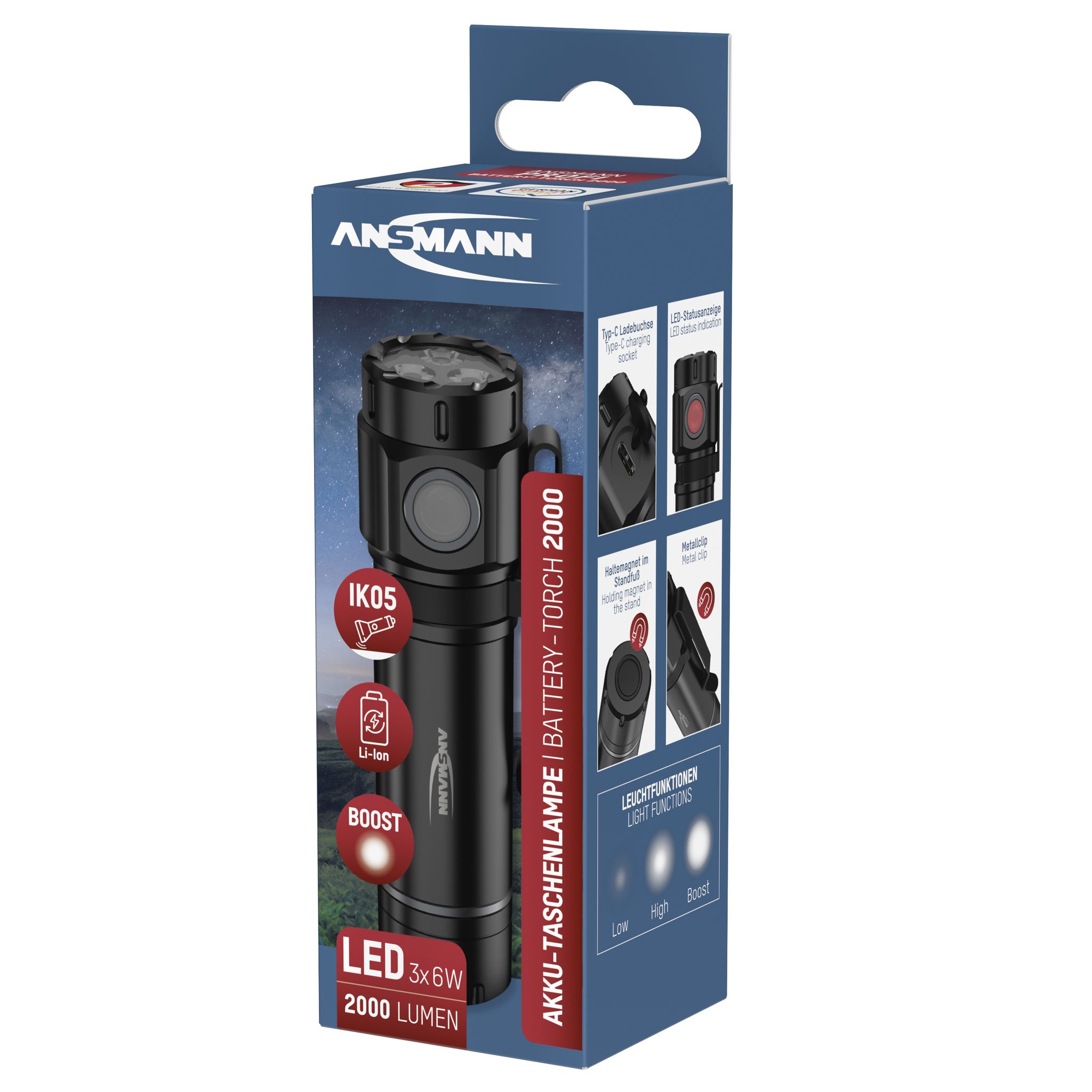 Akku-Taschenlampe 2000 - 2000lm, 6500 - 8500K,4.5 h Leuchtdauer