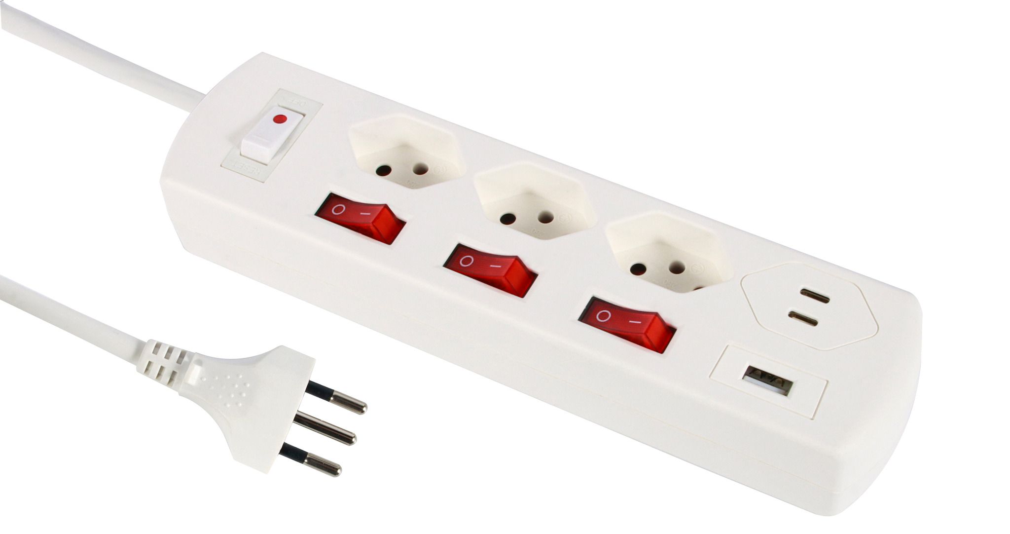 Steckdosenleiste Fix-Line+ MultiSwitch USB-C - 3x T13, 2x USB-C + 1x USB-A PD 20W, 2.0m Kabel, einzeln schaltbar + Hauptschalter, weiss