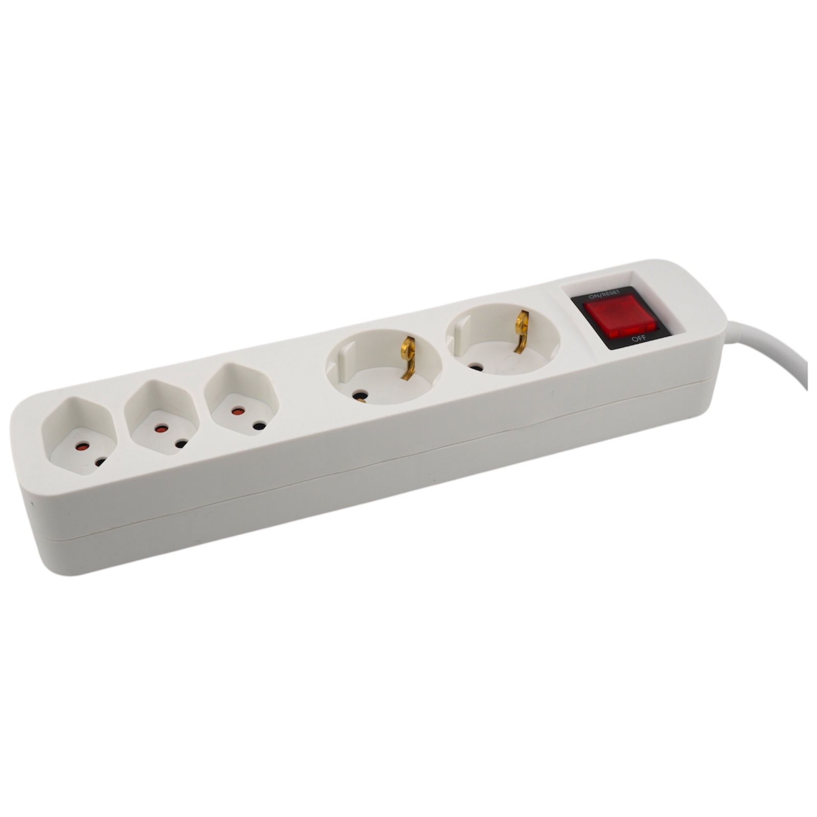 Steckdosenleiste CH/Schuko - 2x Schuko + 3xT13 Steckdosen, T12 Stecker, 1.5m Kabel, integrierter Leuchtschalter, weiss, mit Kinde
