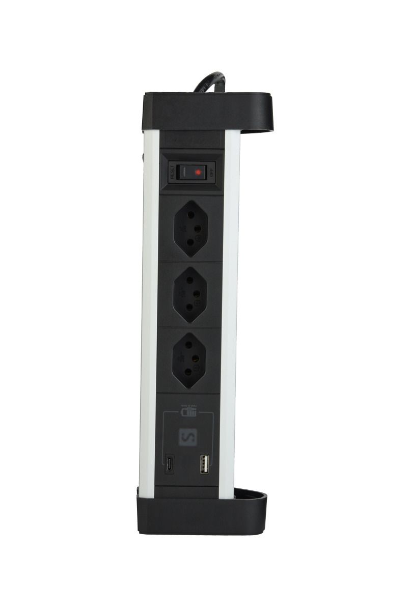 Aluminium Multipresa - 3xT13, 1x USB-C / 1x USB-A max. 3.4A / PD 20W, 3.0m Zuleitung, schwarz