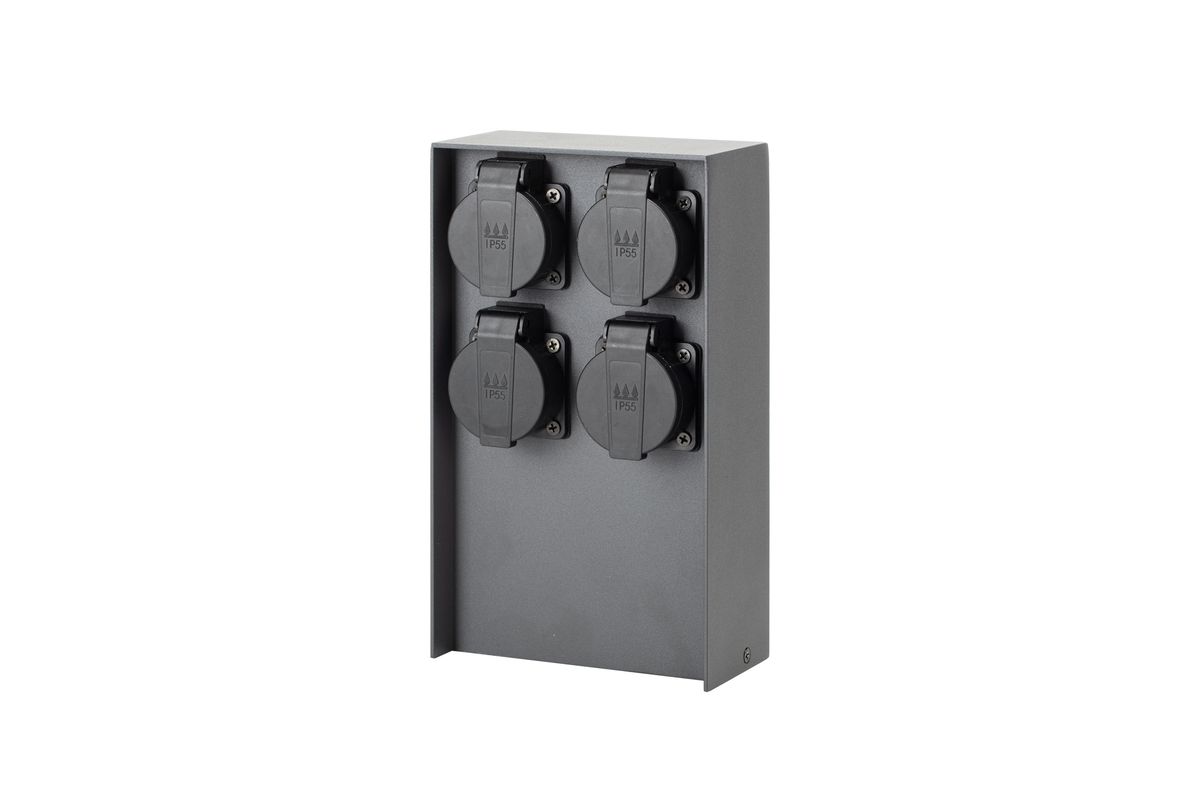 IP55 Energiesäule 4xT13 - 230V AC, max. 10A, 4xT13, IP55, schwarz-matt, rostfrei, Überlastschutz, L=130mm, B=85mm, H=230mm