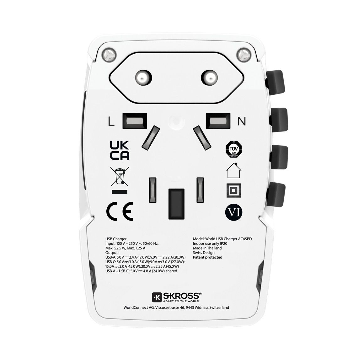 World USB Charger AC45PD - Schuko, 2-Pol EU, IT, UK, BRA, USA/Japan, AUS/China, 1xUSB-A 20W, 1x USB-C 45W PD