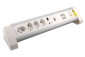 ALU Tisch-Steckdosenleiste NOTEBOOK - 4xT13,1x USB-C 1x USB-A PD 60W, 2.0m Kabel, Stecker T12, Aluminium/weiss