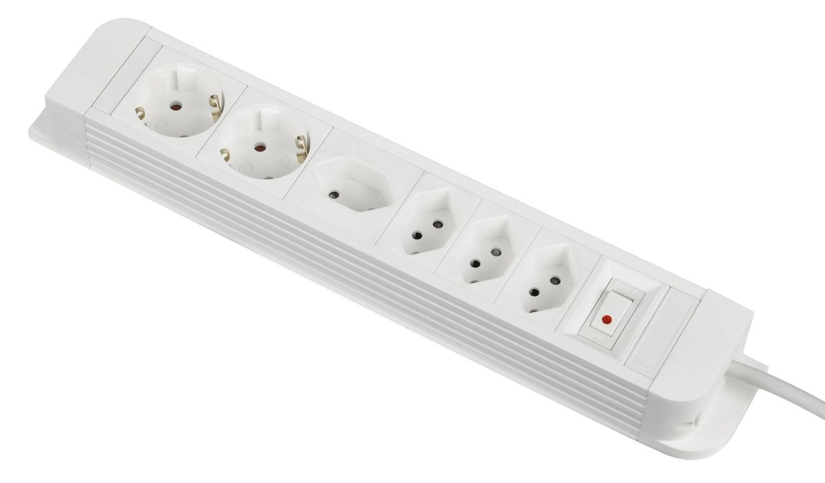 Combo Mulitprise - Kombiniert = 4x CH-T13 / 2x SchuKo - Steckdosen, Stecker T12, 1.5m Kabel H05VV-F 3G1mm2., KS, weiss