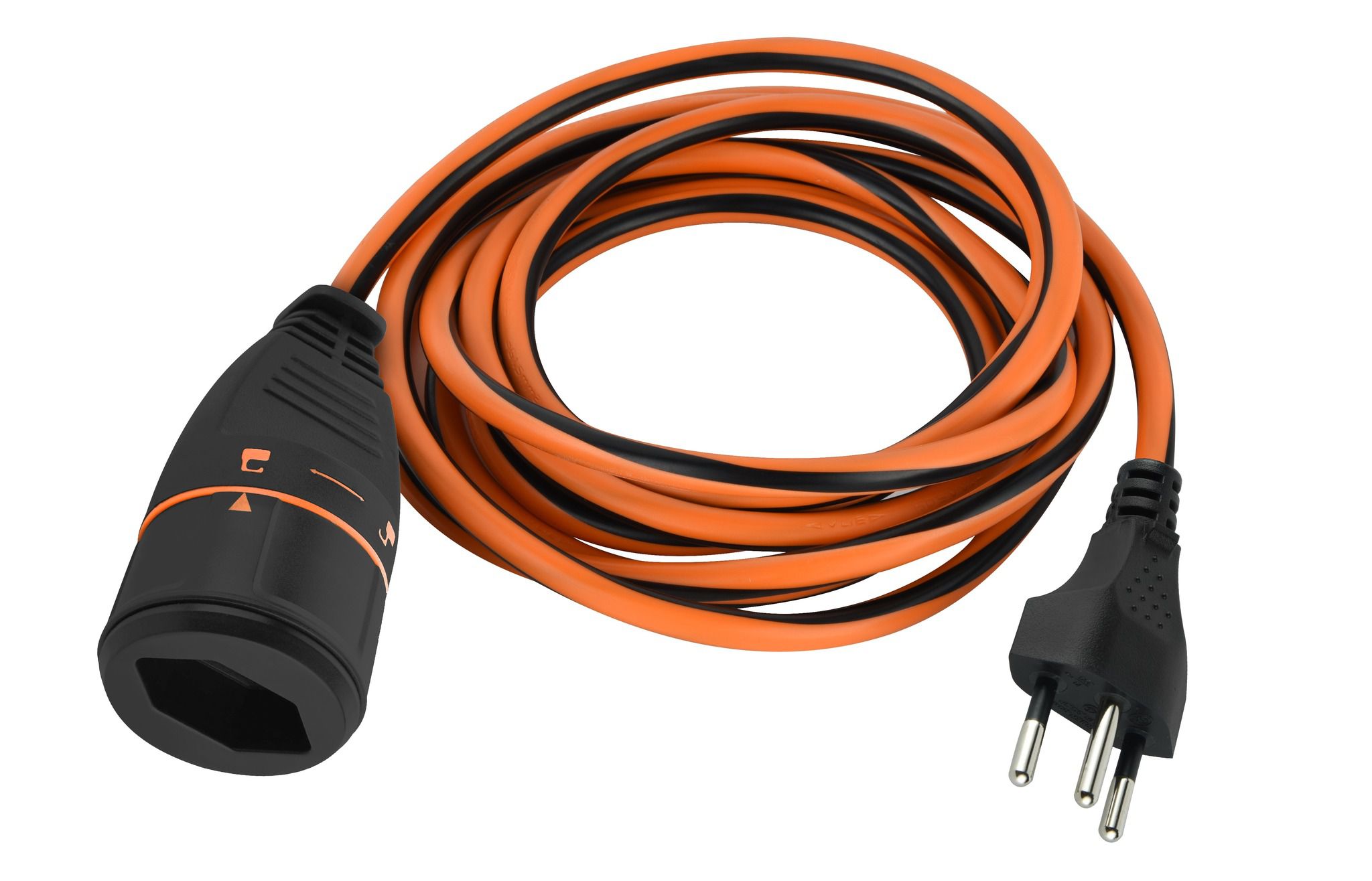 LOCKXTEND 10m - LOCK-Kupplung T13, Stecker T12 mit Lasche, 230V - 10A, orange/schwarz