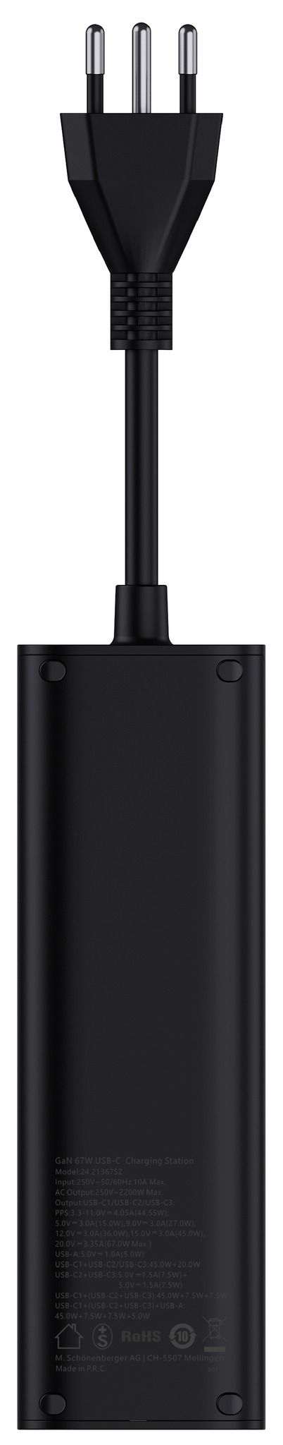 67W GaN Fast Charging Station - 2x T13, Out: USB-C1/ C2/ C3: 67W PD, C1+C2 shared: 45W + C3: 20W, USB-A: 5W, GaN, 2m Kabel, schwarz