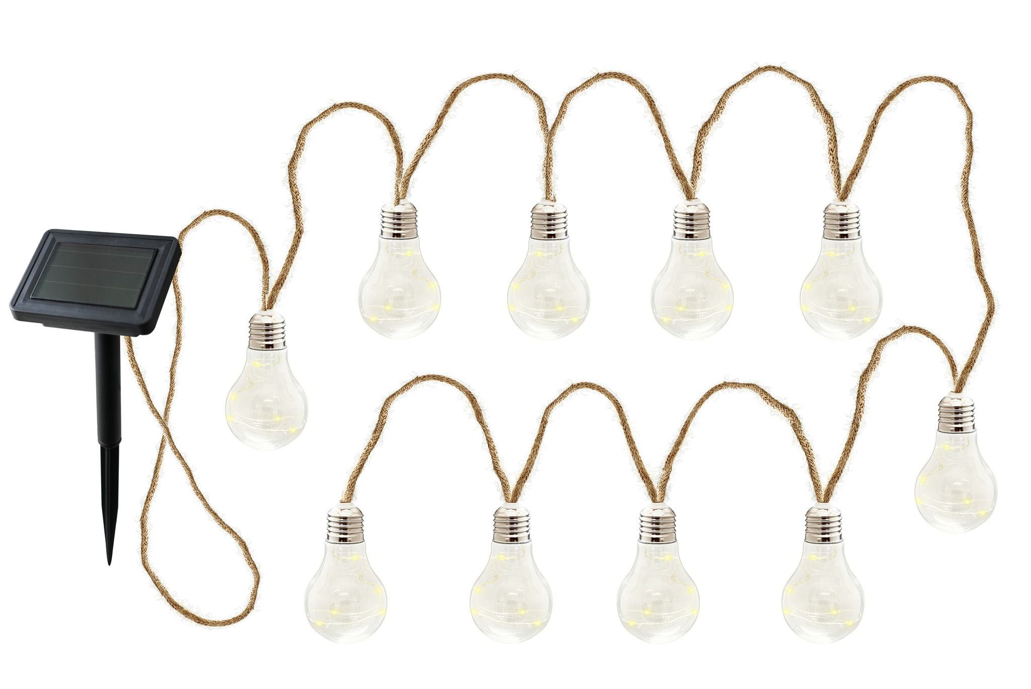 LED Solar Lichterkette MITRA - AKKU- Batt. (1.2V DC 300mAh),3000K,IP44,10 Leuchtmittel, Solarpanel 40x57mm,L= 3650mm, D=60mm,H=90mm