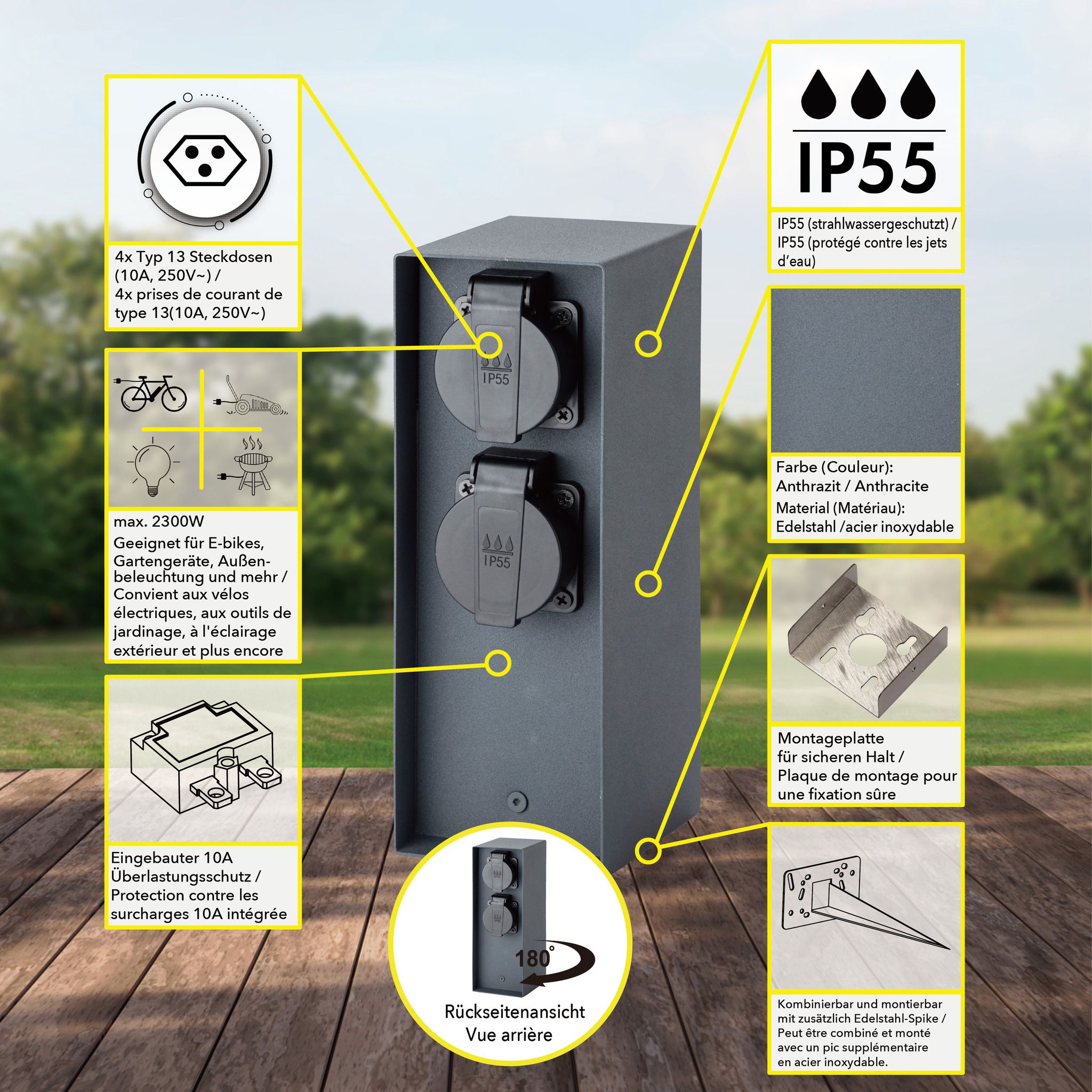 IP55 Energiesäule 4xT13 - 230V AC, max. 10A, 4xT13, IP55, schwarz-matt, rostfrei, Überlastschutz, L=130mm, B=85mm, H=230mm