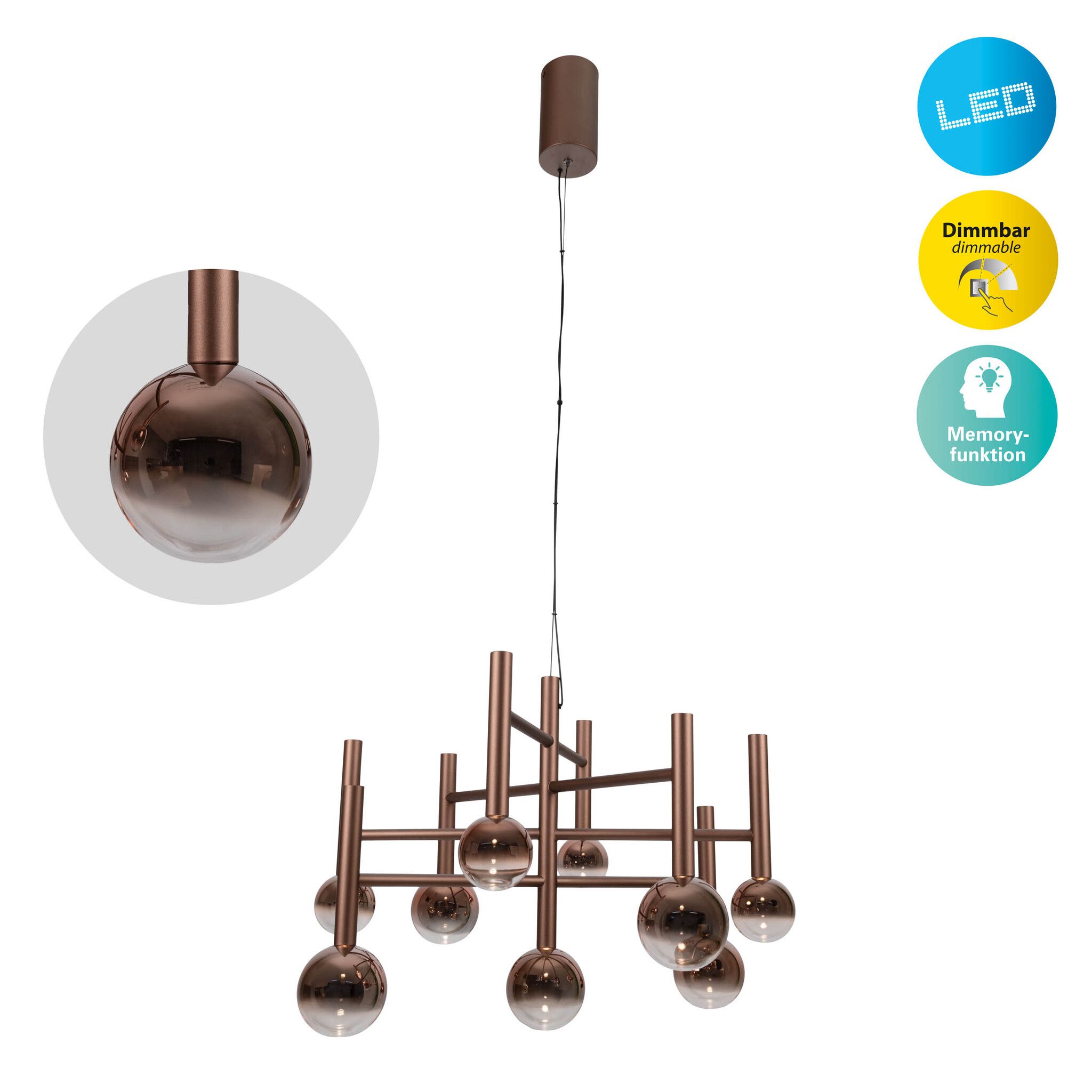 9er LED Pendelleuchte  SINGAPUR : 65cm kupfer - IP20, LED-Modul, Kupfer